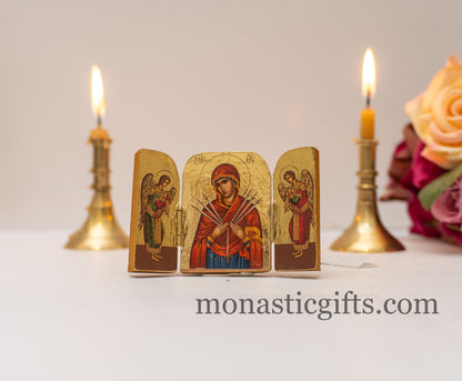 Triptych small  wooden Icon with Our Lady of the Seven Swords and Archangels, Greek Orthodox Icon , Home Decor,Orthodox Gift