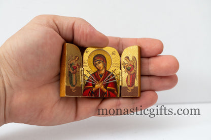 Triptych small  wooden Icon with Our Lady of the Seven Swords and Archangels, Greek Orthodox Icon , Home Decor,Orthodox Gift