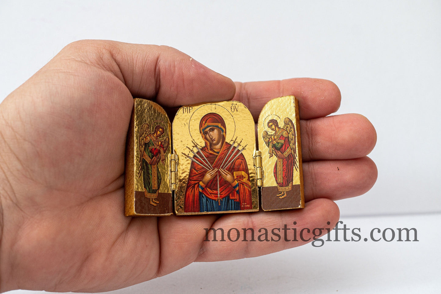 Triptych small  wooden Icon with Our Lady of the Seven Swords and Archangels, Greek Orthodox Icon , Home Decor,Orthodox Gift