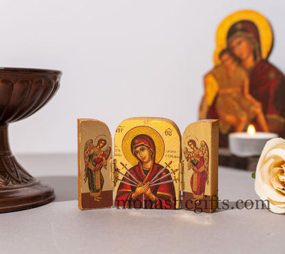 Triptych small  wooden Icon with Our Lady of the Seven Swords and Archangels, Greek Orthodox Icon , Home Decor,Orthodox Gift