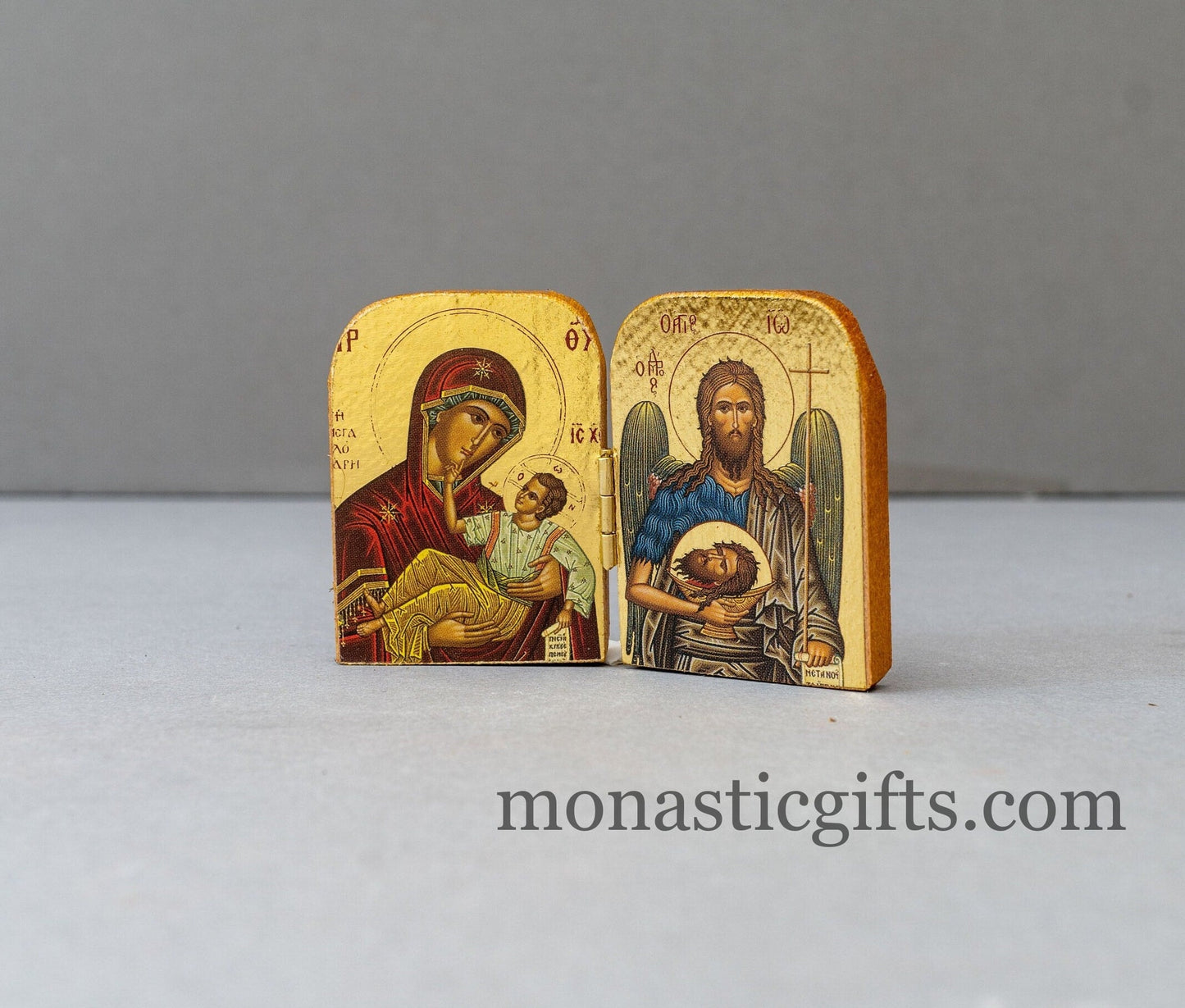 Small Diptych carved  wooden Icon with Virgin Mary Megalohari  and Saint John , Greek Orthodox Icon , Home Decor,Orthodox Gift