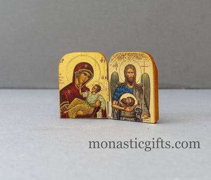 Small Diptych carved  wooden Icon with Virgin Mary Megalohari  and Saint John , Greek Orthodox Icon , Home Decor,Orthodox Gift