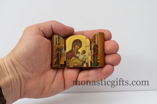 Handcrafted wooden folding triptych Orthodox icon of the Virgin Mary Megalohari with Annunciation doors for home iconostasis and travel