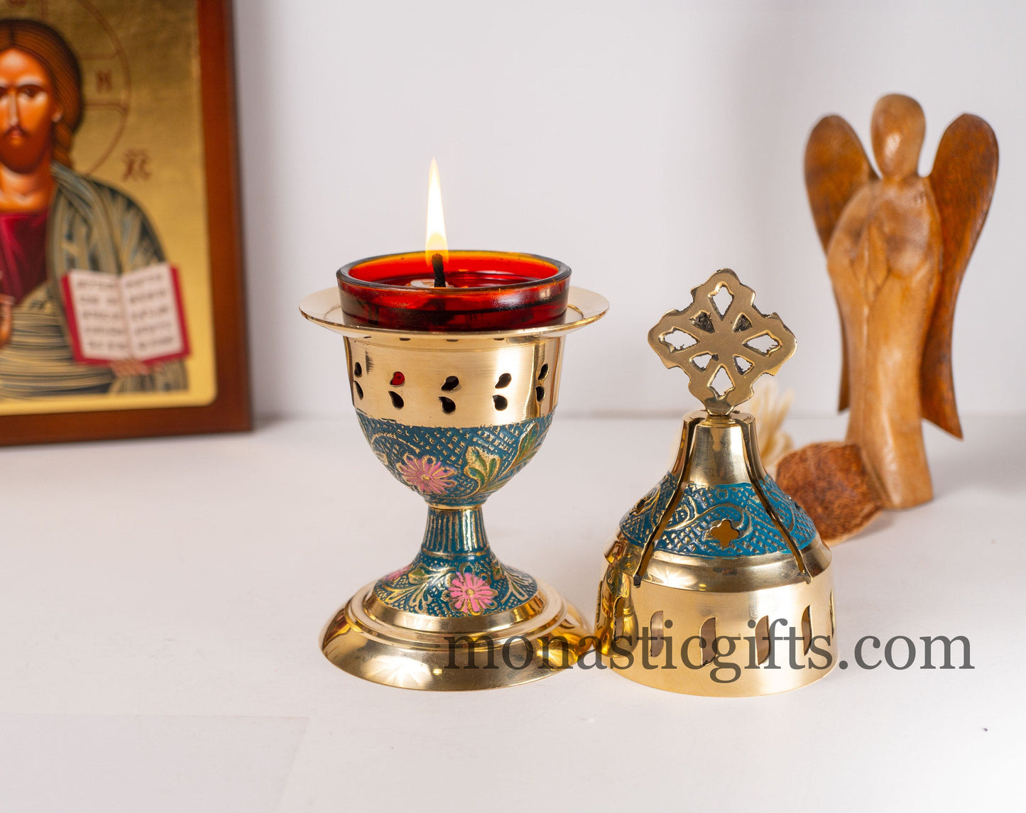 Standing Oil Lamps in Brass with Blue and Purple Enamel Coating -Handmade Oil Vigil Lamp Brass ,Oil Lamp Holders,Oil Candle with Glass Cup .