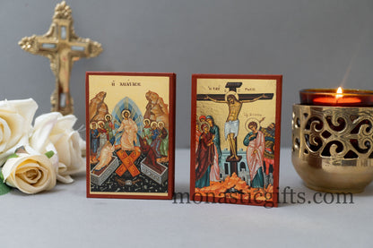 Wooden Small  icons with Crusifixion and The Resurrection of Jesus Christ ,Byzantine icon , art wall hanging .