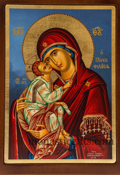 Christian Icon with Virgin Mary Sweet Kiss  in wooden frame Silk-screen printed Serigraph Icon Based on Byzantine Art wall hanging icon.