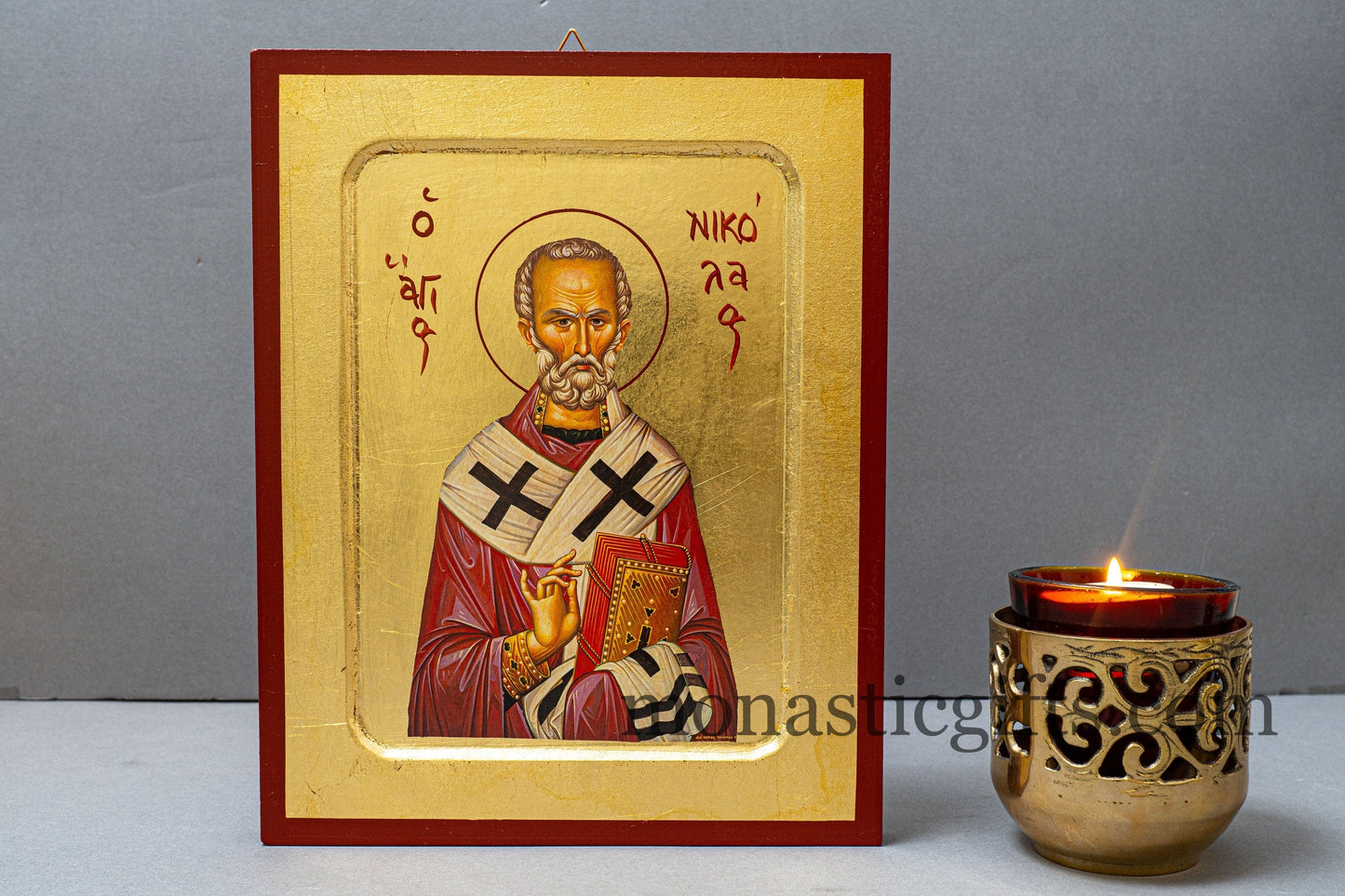 Saint Nicholas Greek Orthodox Icon of St Nick, Byzantine art wall hanging icon on wood plaque, religious gift