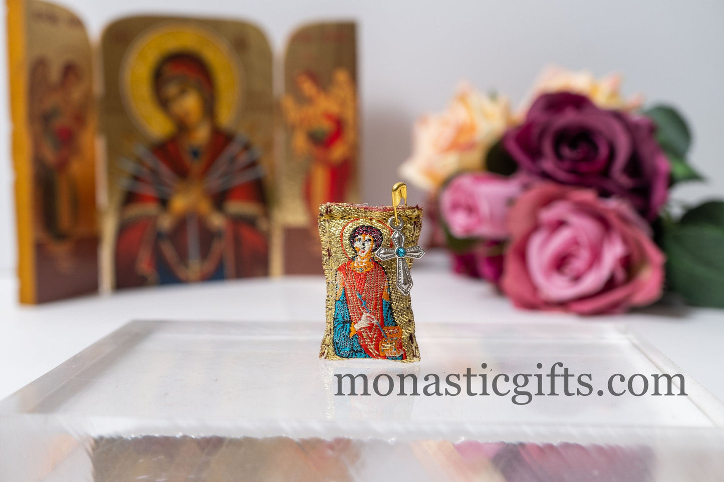 Orthodox Amulet Rectangular pendant with Saint Panteleimon the Great Martyr ,Filakto ,Filaxto Orthodoxer Glücksbringer