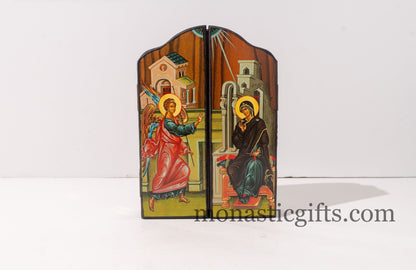 Triptych wooden Icon of Holy Theotokos on a throne  and narrative of the Virgin Mary's Annunciation on the outside, Greek Orthodox Icon