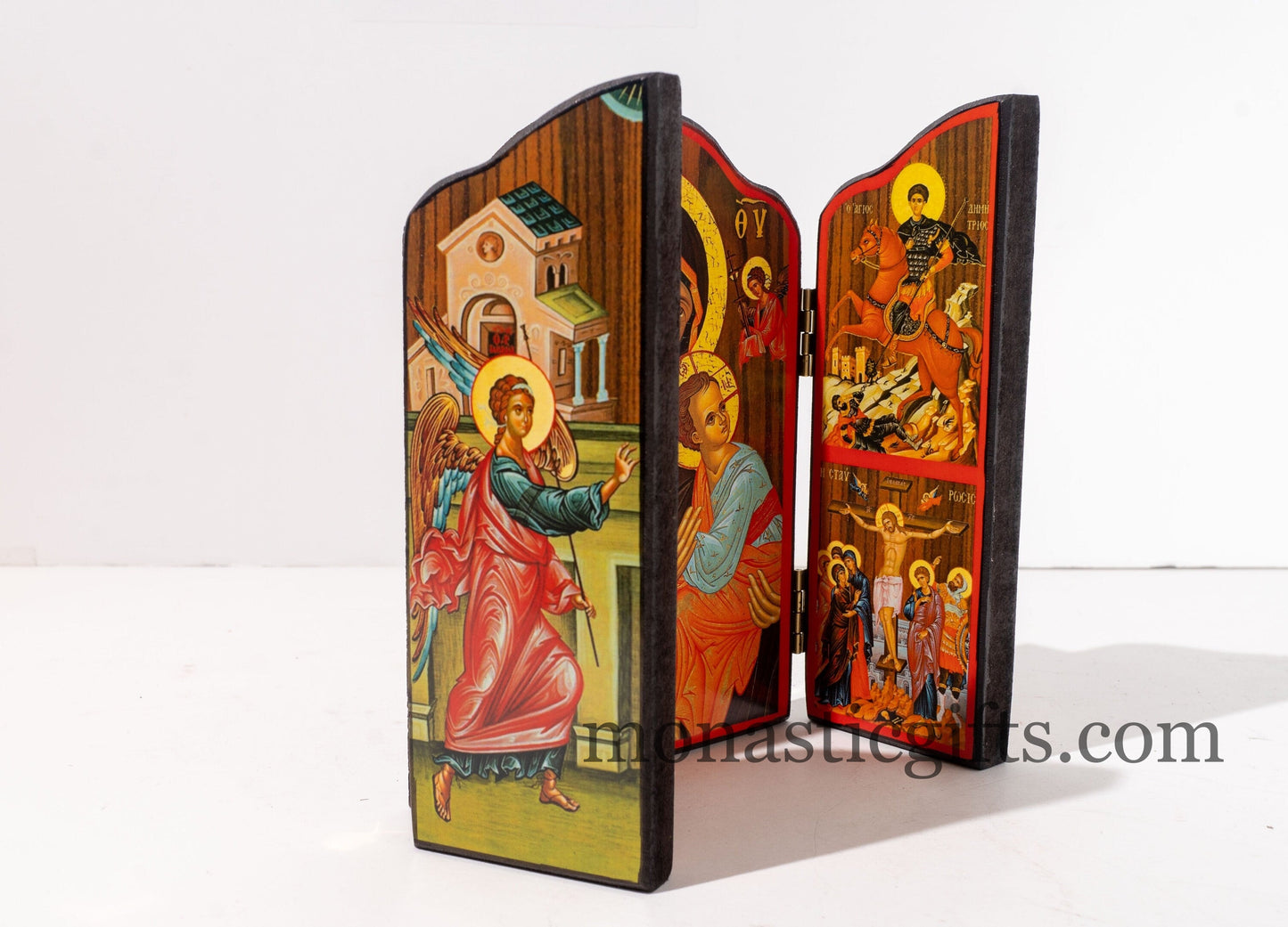 Triptych wooden Icon With Virin Mary ( Amolintos ) and narrative of the Virgin Mary's Annunciation on the outside, Greek Orthodox Icon