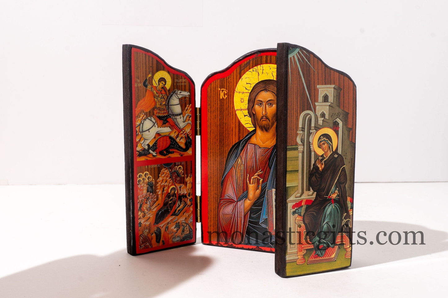 Triptych wooden Icon with Jesus Christ Blessing and narrative of the Virgin Mary's Annunciation on the outside , Greek Orthodox Icon