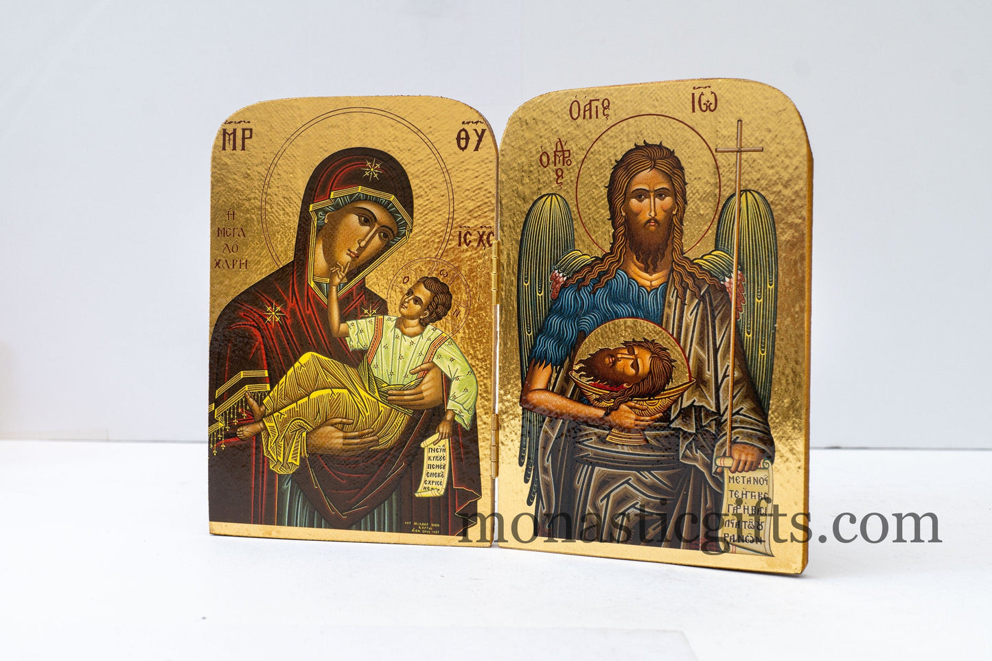 Diptych carved  wooden Icon with Virgin Mary Megalohari  and Saint John , Greek Orthodox Icon , Home Decor,Orthodox Gift