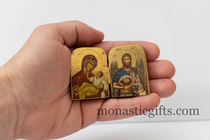 Small Diptych carved  wooden Icon with Virgin Mary Megalohari  and Saint John , Greek Orthodox Icon , Home Decor,Orthodox Gift