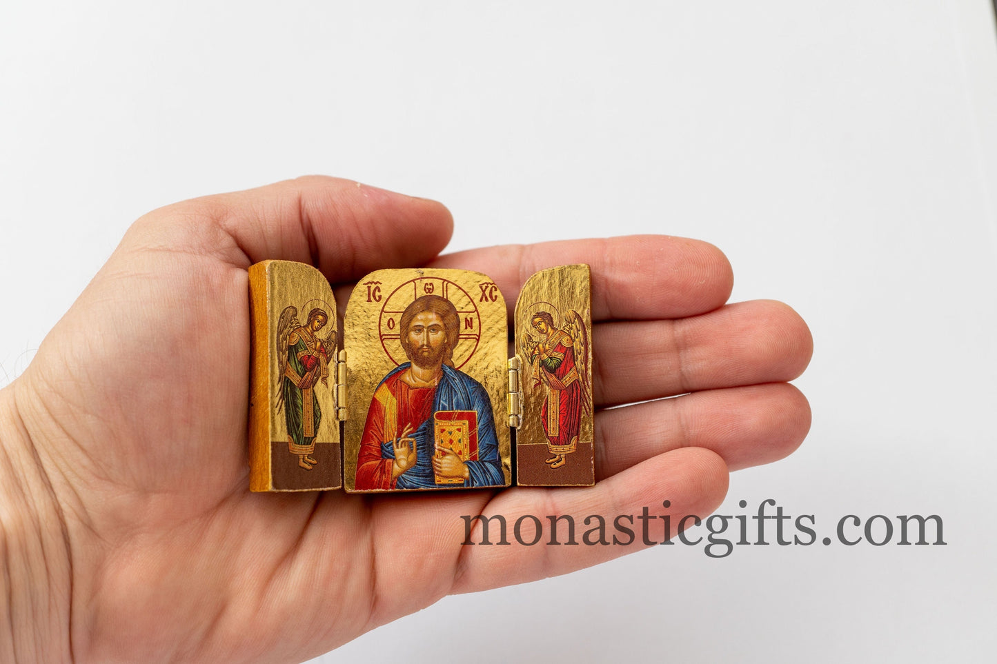 Triptych small  wooden Icon with  the Jesus Christ (Pantocrator) and Archangels, Greek Orthodox Icon , Home Decor,Orthodox Gift