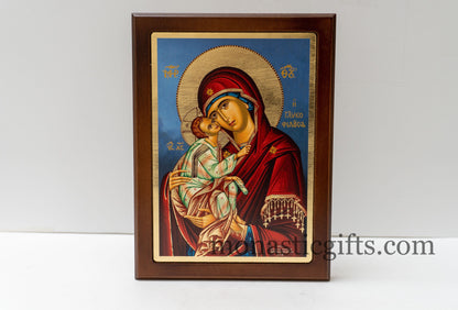 Christian Icon with Virgin Mary Sweet Kiss  in wooden frame Silk-screen printed Serigraph Icon Based on Byzantine Art wall hanging icon.