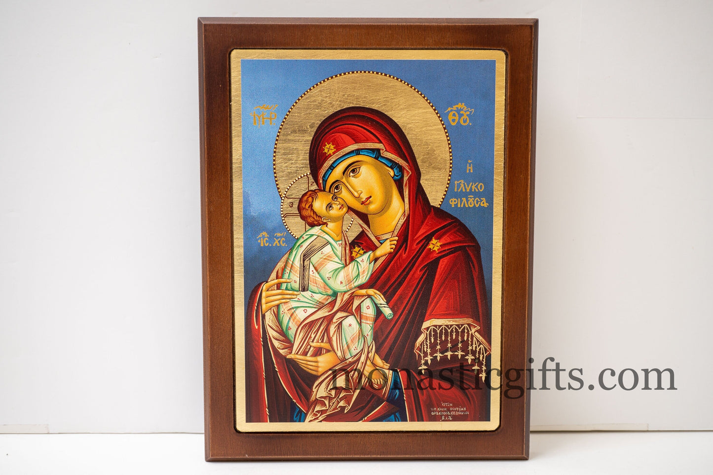 Christian Icon with Virgin Mary Sweet Kiss  in wooden frame Silk-screen printed Serigraph Icon Based on Byzantine Art wall hanging icon.