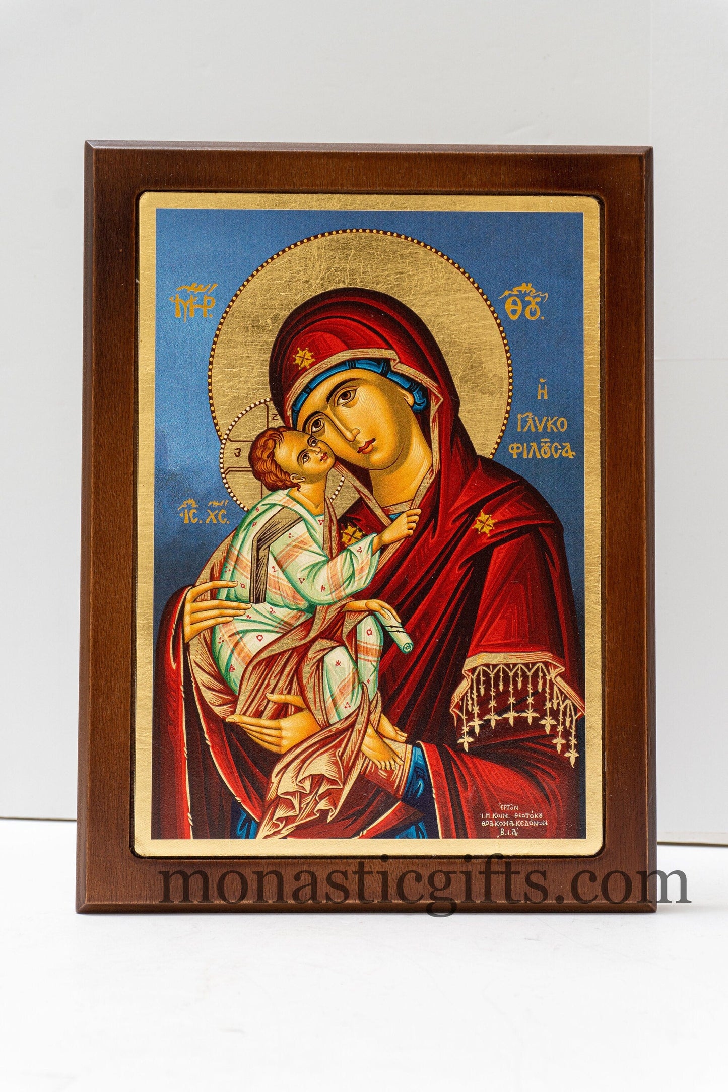 Christian Icon with Virgin Mary Sweet Kiss  in wooden frame Silk-screen printed Serigraph Icon Based on Byzantine Art wall hanging icon.