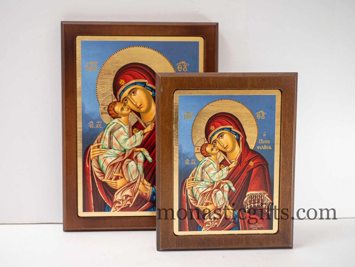 Christian Icon with Virgin Mary Sweet Kiss  in wooden frame Silk-screen printed Serigraph Icon Based on Byzantine Art wall hanging icon.