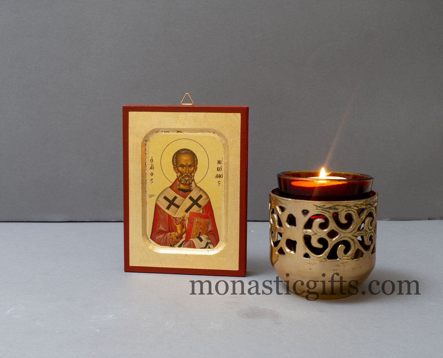 Saint Nicholas Greek Orthodox Icon of St Nick, Byzantine art wall hanging icon on wood plaque, religious gift