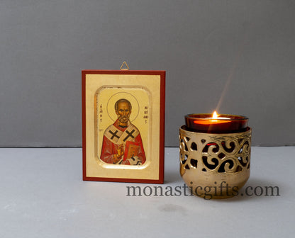 Saint Nicholas Greek Orthodox Icon of St Nick, Byzantine art wall hanging icon on wood plaque, religious gift