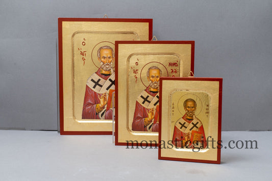 Saint Nicholas Greek Orthodox Icon of St Nick, Byzantine art wall hanging icon on wood plaque, religious gift