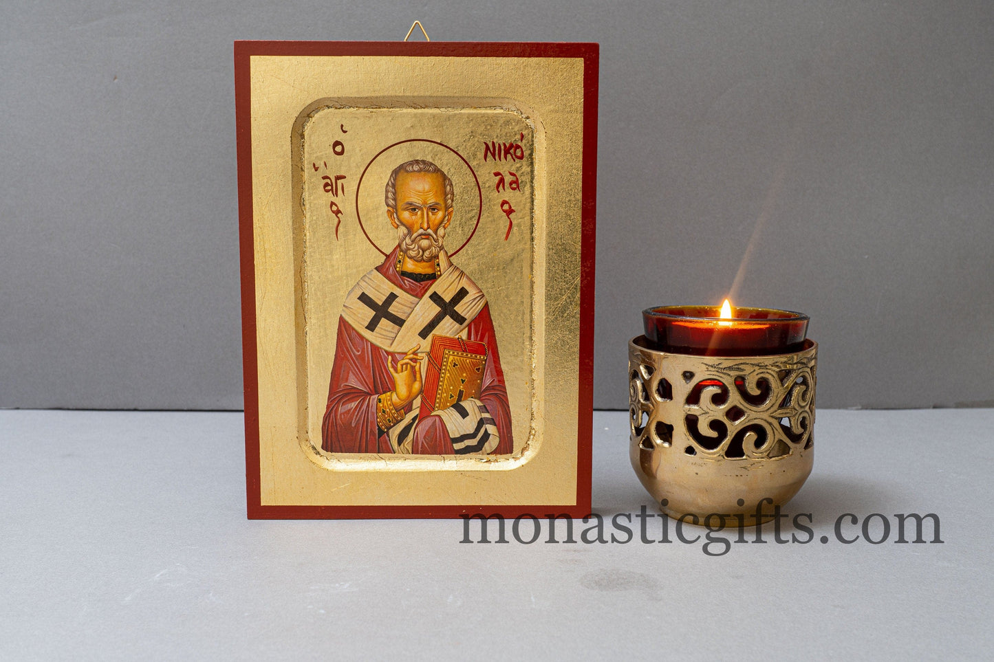 Saint Nicholas Greek Orthodox Icon of St Nick, Byzantine art wall hanging icon on wood plaque, religious gift