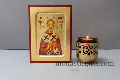 Saint Nicholas Greek Orthodox Icon of St Nick, Byzantine art wall hanging icon on wood plaque, religious gift