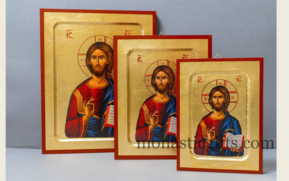 Icon of Jesus Christ Blessing- Byzantine icon of our Lord , art wall hanging on wood plaque amazing idea for orthodox gift.