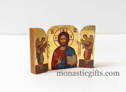 Triptych small  wooden Icon with  rhe Jesus Christ the Blessing and Archangels, Greek Orthodox Icon , Home Decor,Orthodox Gift