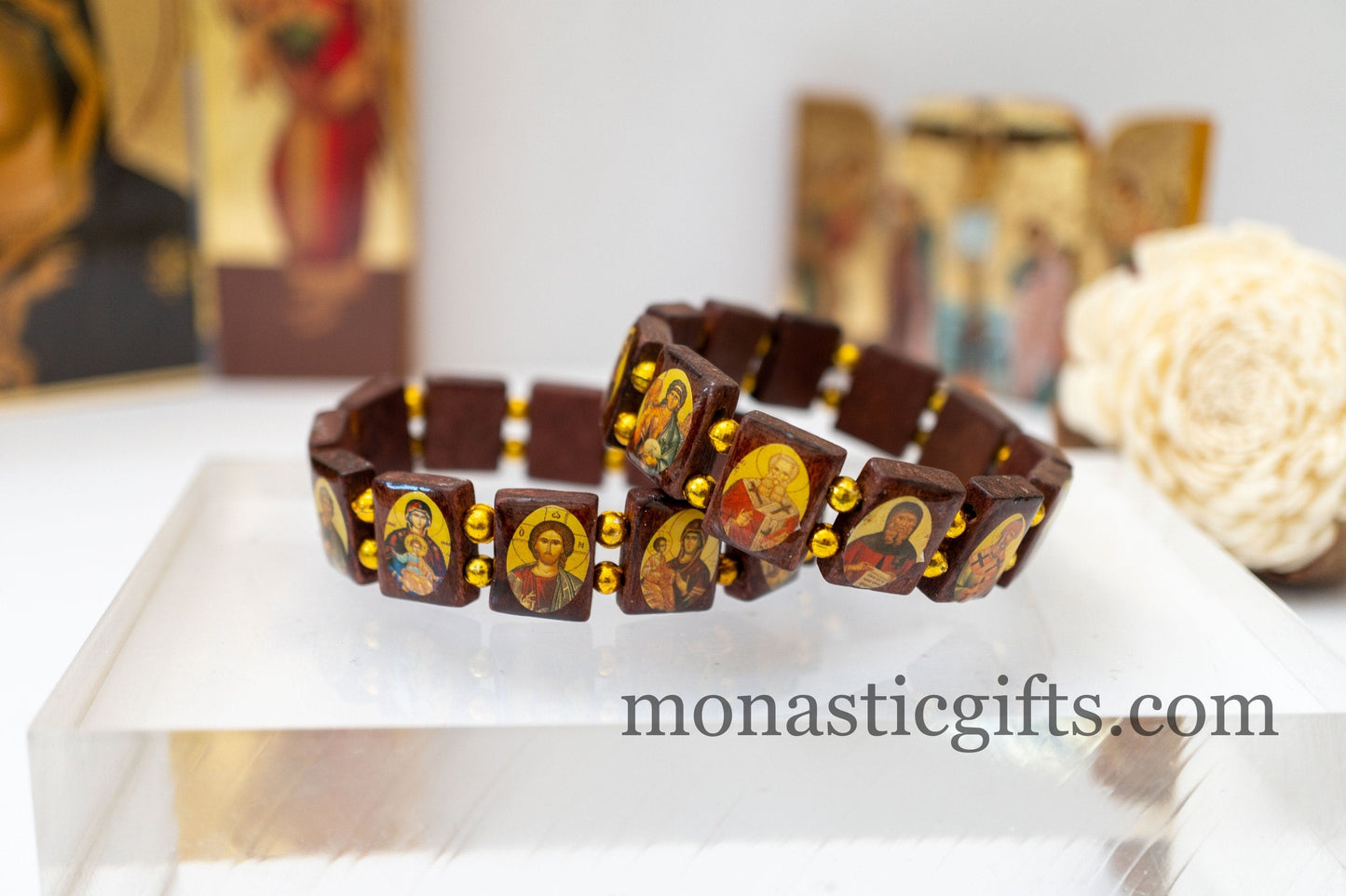 Holy Bracelet ,Bracelet with Holy Icons and colored Golden beads , Gift of faith, hope, love and healing to someone you care about