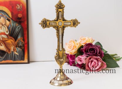 Standing Brass Altar Cross radiates a brilliant shine Adorned with mother-of-pearl -  Altar Table - Home Decor  a perfect Christian Gift