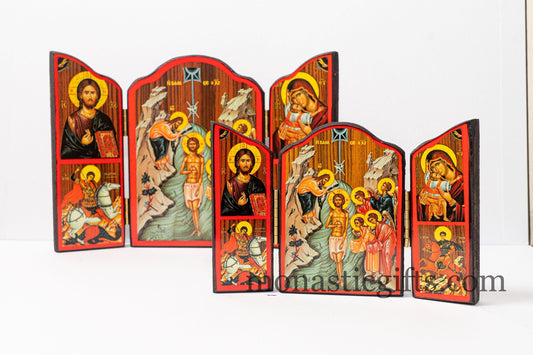 Triptych wooden Icon with the Baptism of Jesus Christ when it's open and the Annunciation of the Virgin Mary when it's close.