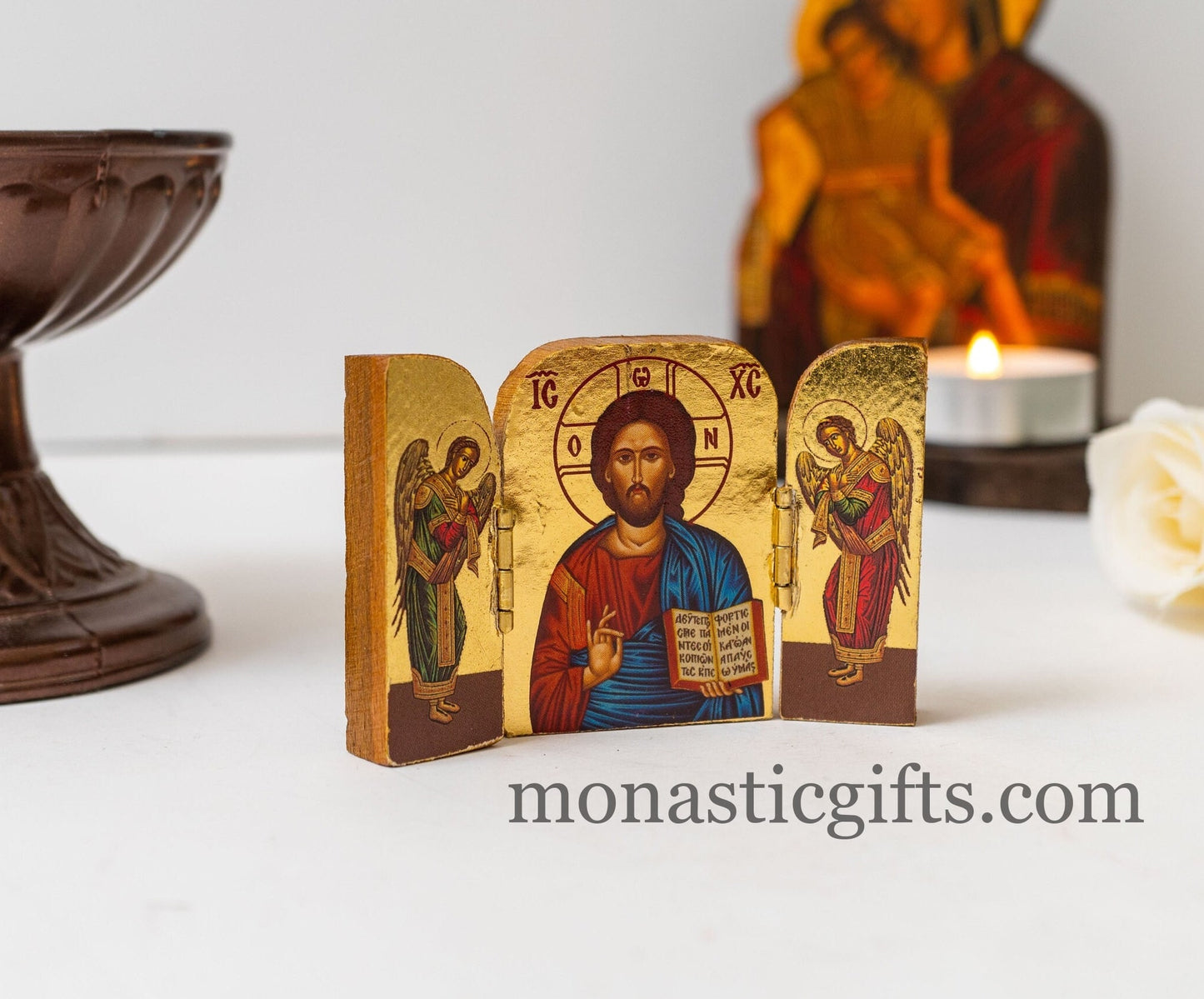 Triptych small  wooden Icon with  rhe Jesus Christ the Blessing and Archangels, Greek Orthodox Icon , Home Decor,Orthodox Gift