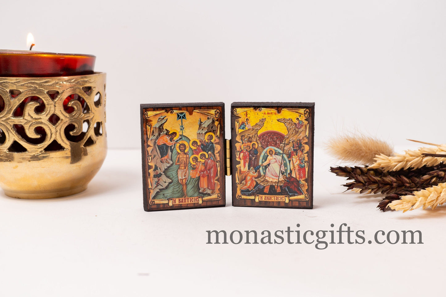 Diptych wooden Icon with the Baptism and Ressurection of Jesus Christ Greek Orthodox Icon , Home Decor,Orthodox Gift.