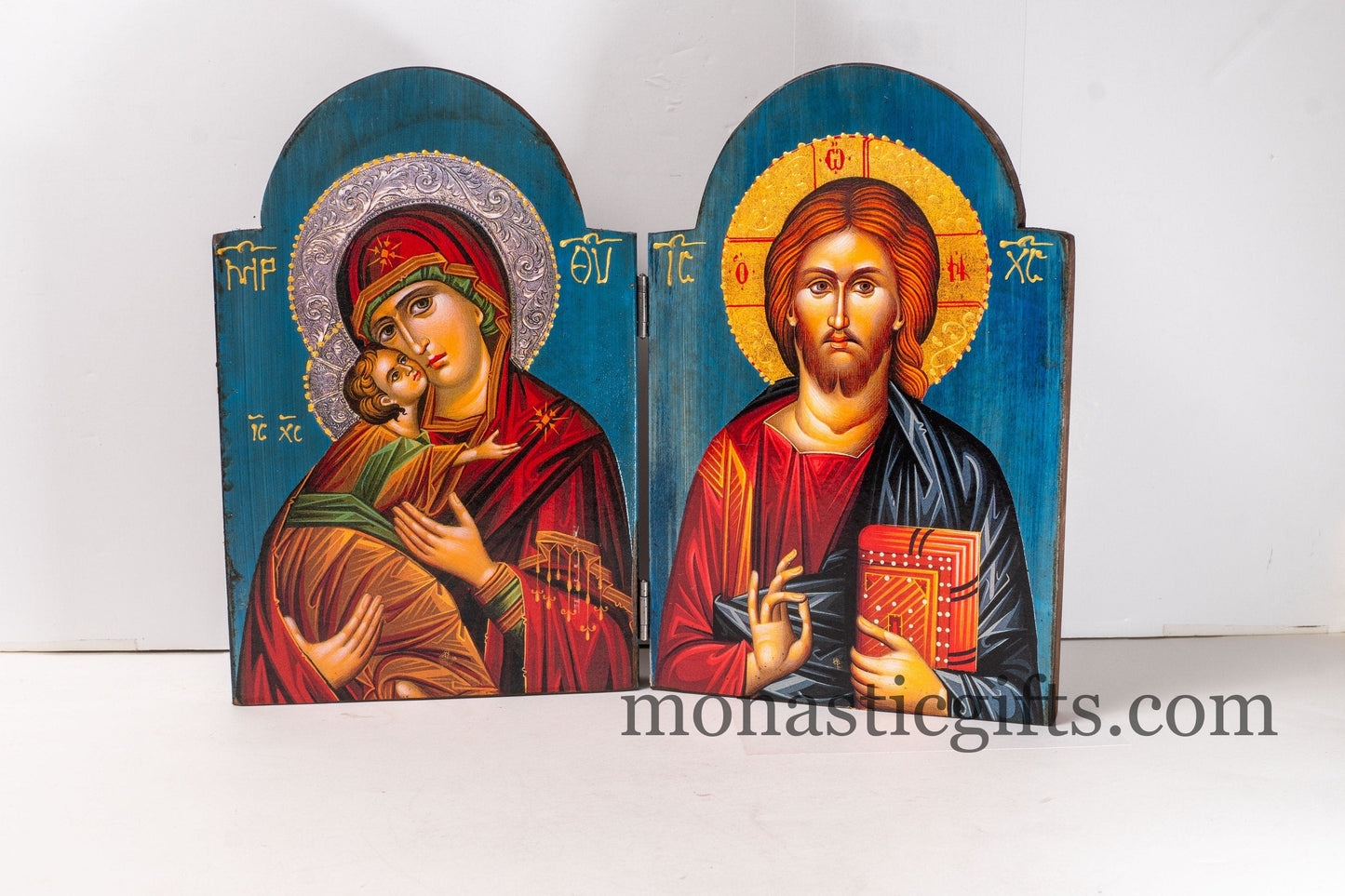 Diptych Handmade wooden Icon with Virgin Mary and the Jesus Christ in painted Blue backround  , Greek Orthodox Icon , Home Decor.