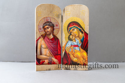 Diptych Handmade wooden Icon with Virgin Mary and the Jesus Christ (Nimfios) in painted white backround  , Greek Orthodox Icon , Home Decor.