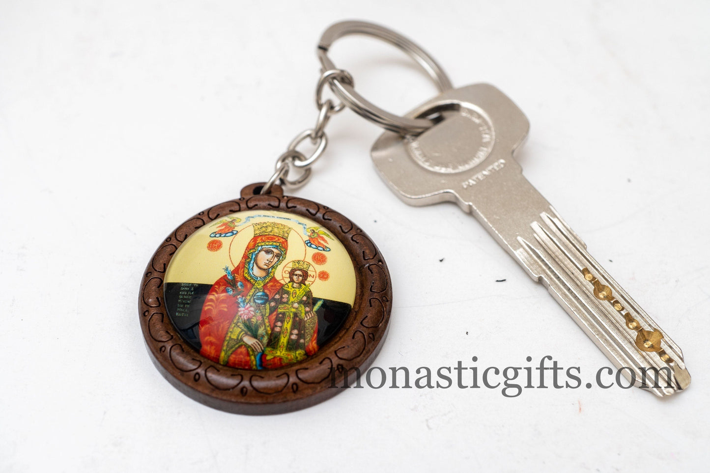 Orthodox Keychain with Mother of God (Gorgoipikoo)  made of Curved wood and metal ,a perfect gift 10cm - 3.93 in Amazing Guality