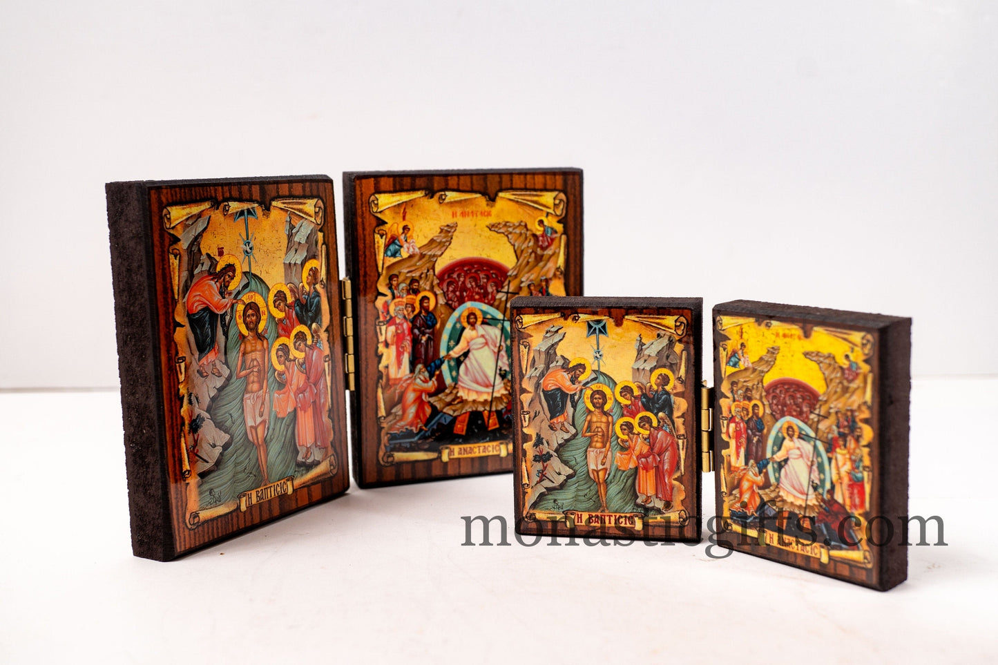 Diptych wooden Icon with the Baptism and Ressurection of Jesus Christ Greek Orthodox Icon , Home Decor,Orthodox Gift.