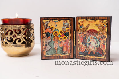 Diptych wooden Icon with the Baptism and Ressurection of Jesus Christ Greek Orthodox Icon , Home Decor,Orthodox Gift.