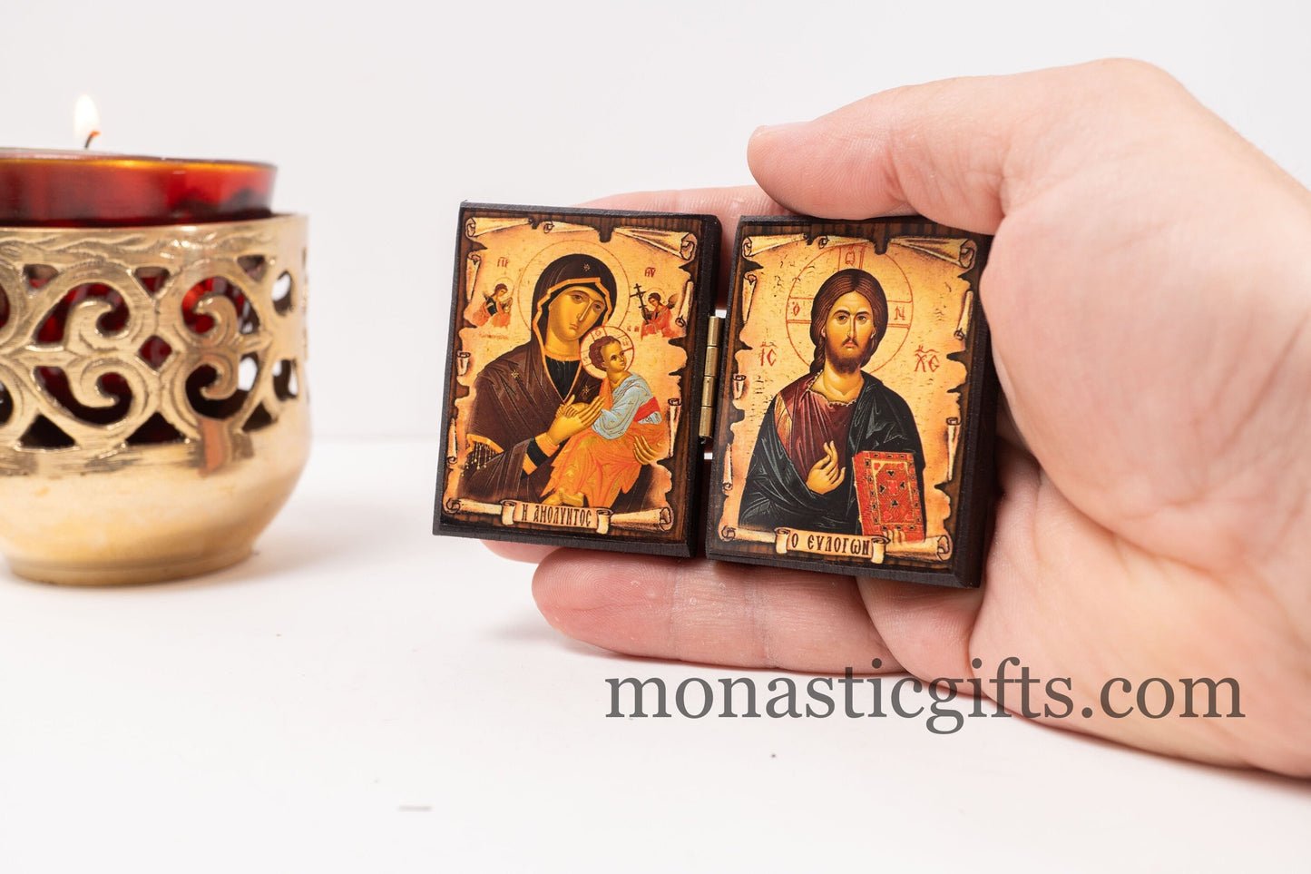 Diptych wooden Icon with the Virgin Mary "Amolintos" and  Jesus Christ the Blessing. Greek Orthodox Icon , Home Decor,Orthodox Gift.