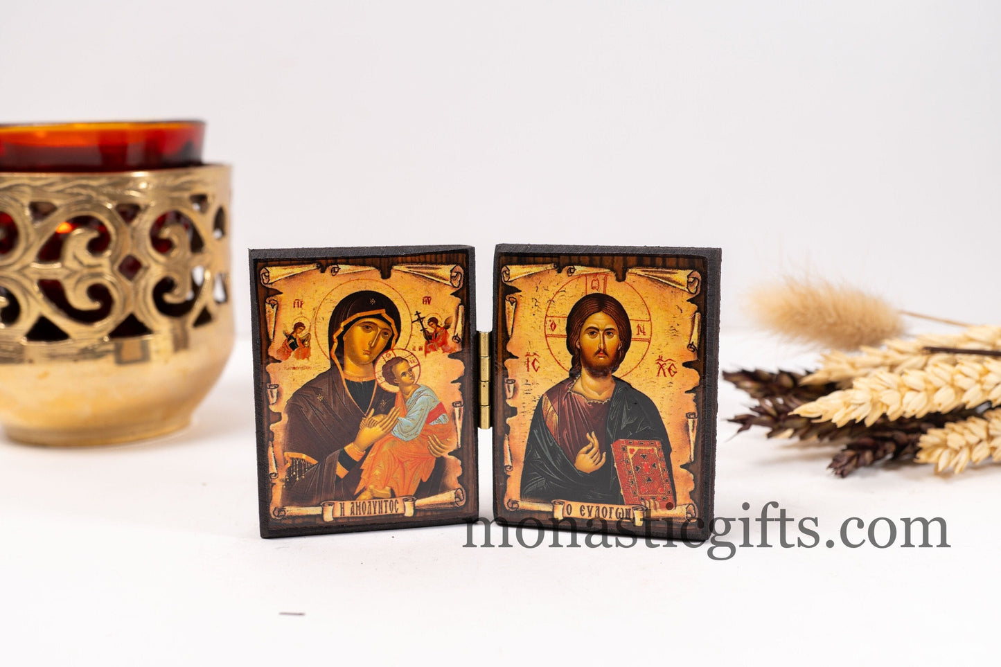 Diptych wooden Icon with the Virgin Mary "Amolintos" and  Jesus Christ the Blessing. Greek Orthodox Icon , Home Decor,Orthodox Gift.