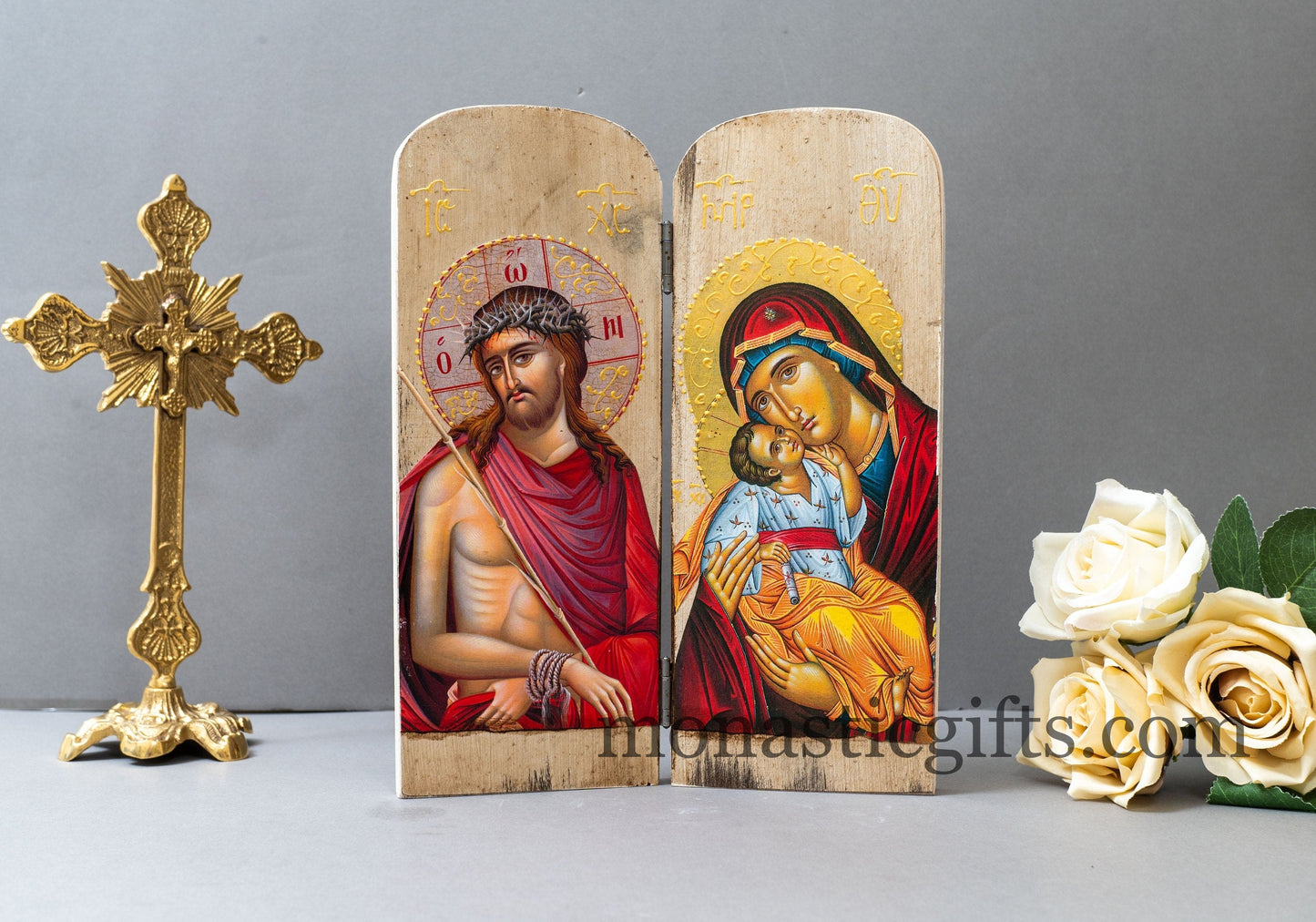 Diptych Handmade wooden Icon with Virgin Mary and the Jesus Christ (Nimfios) in painted white backround  , Greek Orthodox Icon , Home Decor.