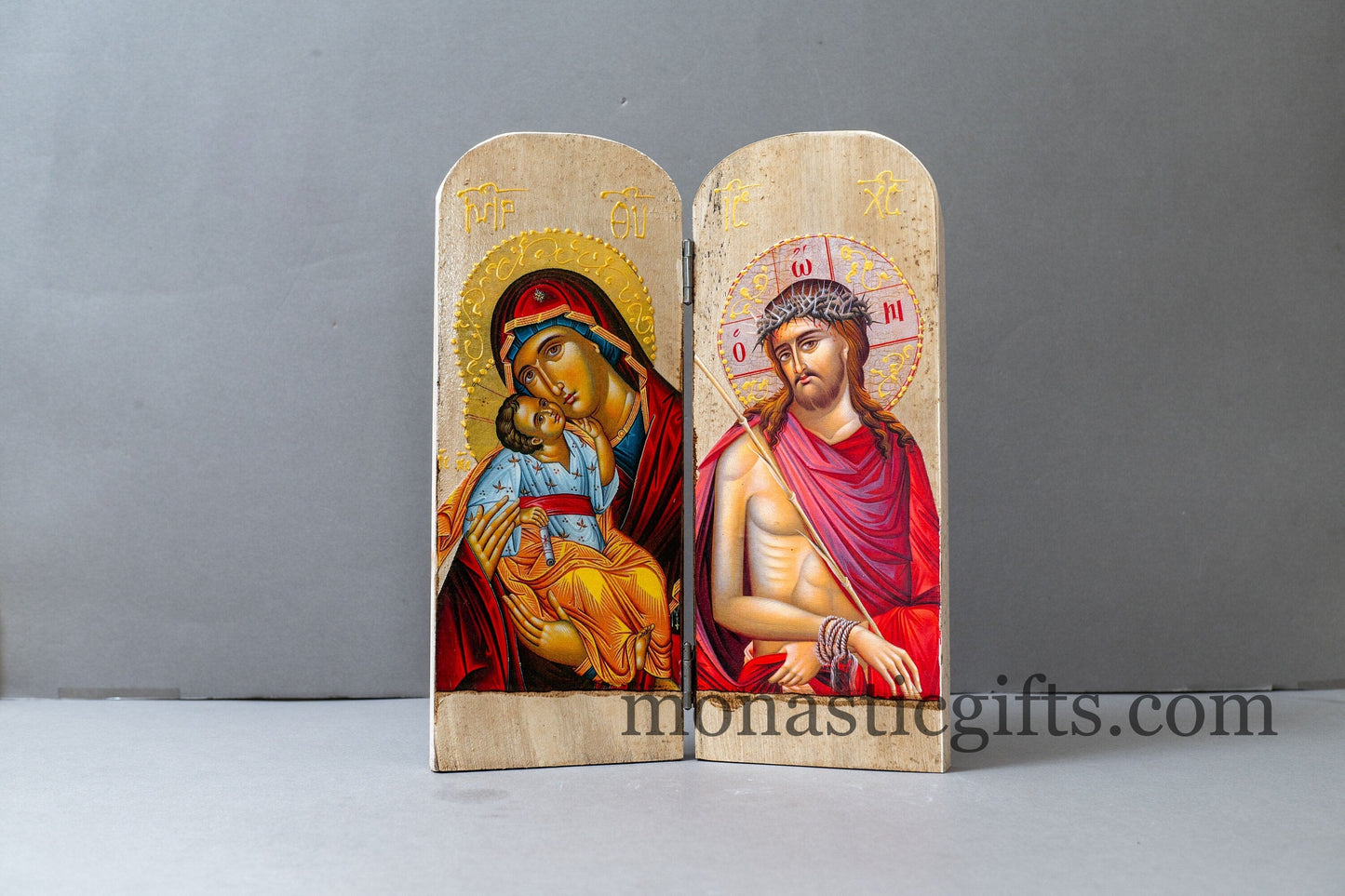 Diptych Handmade wooden Icon with Virgin Mary and the Jesus Christ (Nimfios) in painted white backround  , Greek Orthodox Icon , Home Decor.