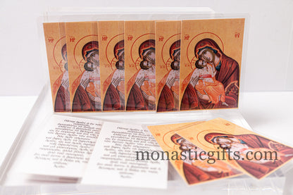 Laminated icon prayer cards with Virgin Mary and the Lord's Prayer from behind , set of 10 Virgin Mary holy cards, pocket size printed icons