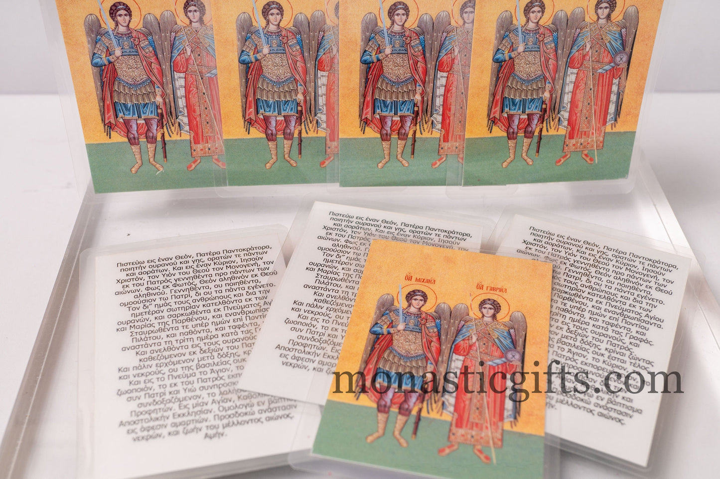 Laminated icon prayer cards with  Archangels and the The Nicene Creed Prayer from behind , set of 10 cards, pocket size printed icons