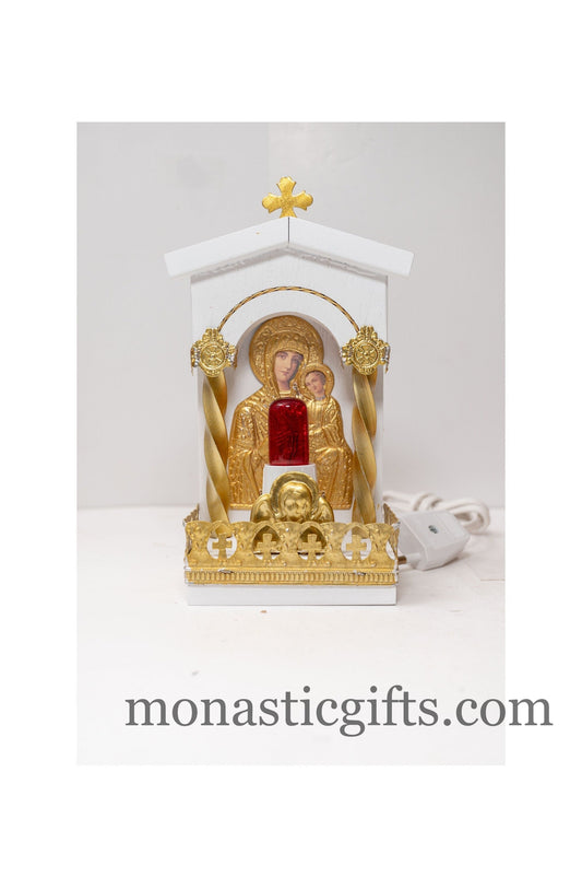 Traditional Handmate Wooden White electric candle with icon and light -Coloured Golden Plated   Home Decor Wall a perfect Christian  Gift