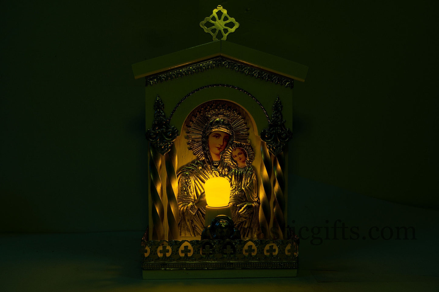 Traditional Orthodox Handmate  Wooden White (big) electric candle with icon and Light Colored Silver Plated a perfect Christian  Gift