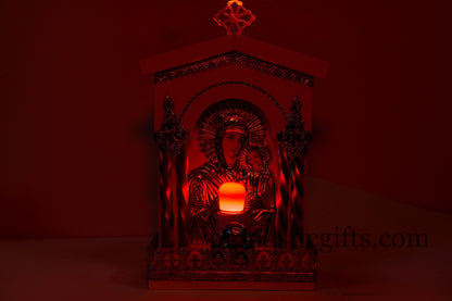 Traditional Orthodox Handmate  Wooden White (big) electric candle with icon and Light Colored Silver Plated a perfect Christian  Gift