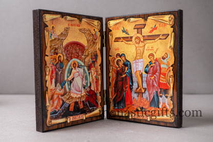 Diptych wooden Icon  with the crucifixion and resurrection of Jesus Christ Greek Orthodox Icon , Home Decor,Orthodox Gift.