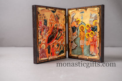 Diptych wooden Icon with the birth and baptism of Jesus Christ Greek Orthodox Icon , Home Decor,Orthodox Gift.